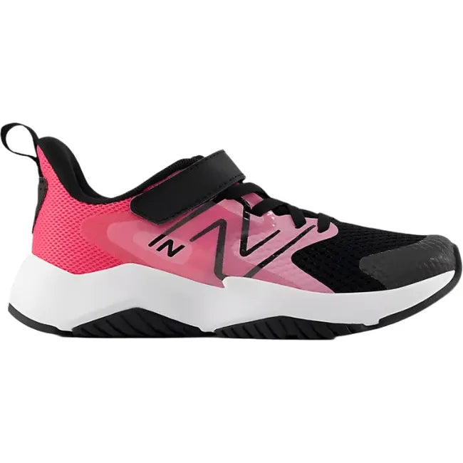 Lateral of New Balance Kids' Rave Run V2 Velcro Top Strap Running Shoe in signal pink and black