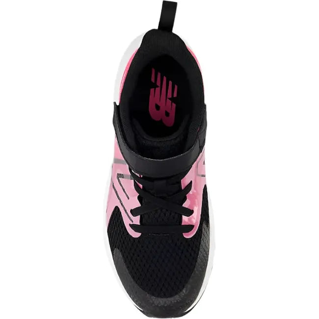 Top down of New Balance Kids' Rave Run V2 Velcro Top Strap Running Shoe in signal pink and black