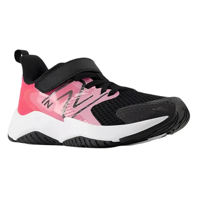 Lateral angled of New Balance Kids' Rave Run V2 Top Strap Running Shoe in signal pink and black
