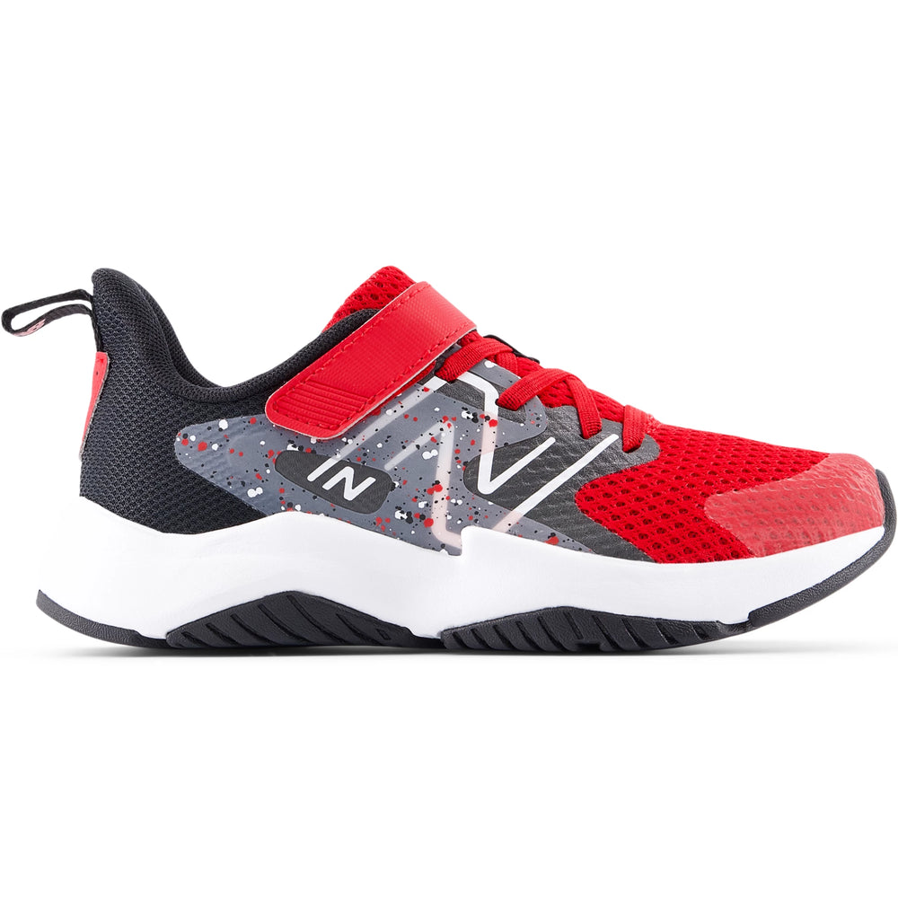 Side of New Balance Kids' Rave Run v2 running shoe in Team Red/Black/Black Cement