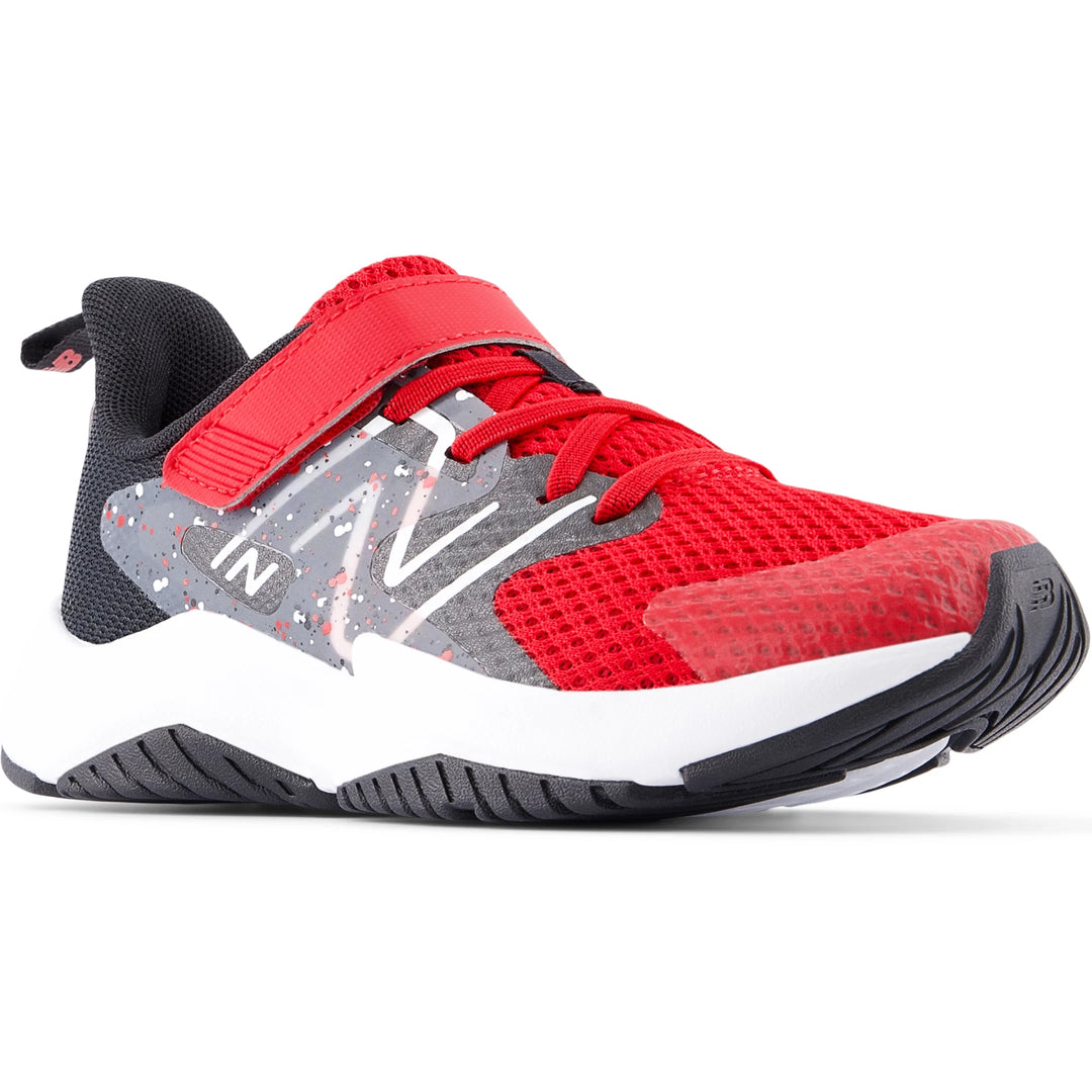 Front angle of New Balance Kids' Rave Run v2 running shoe in Team Red/Black/Black Cement