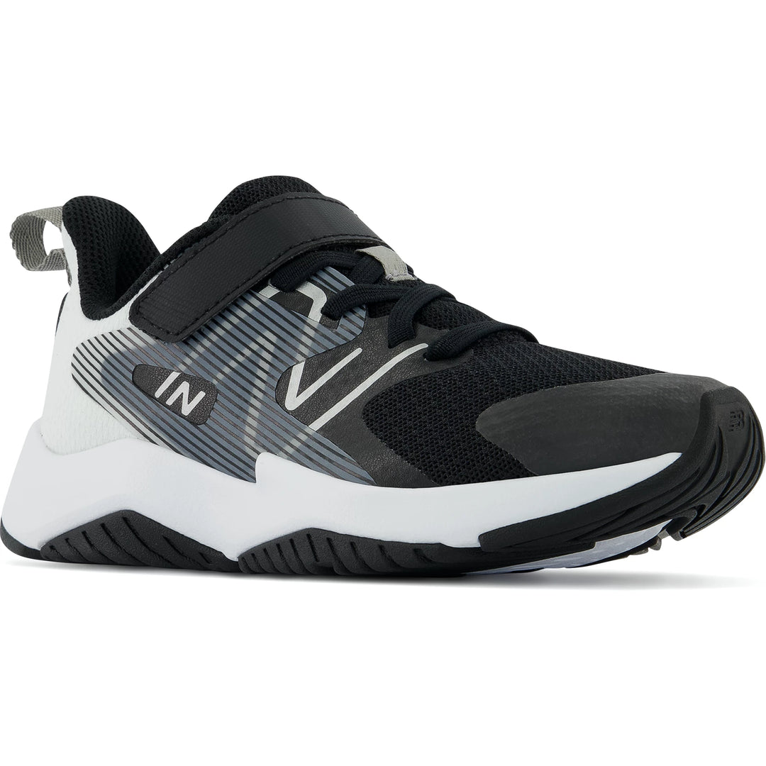 Front angle of New Balance Kids' Rave Run v2 running shoe in Black/White