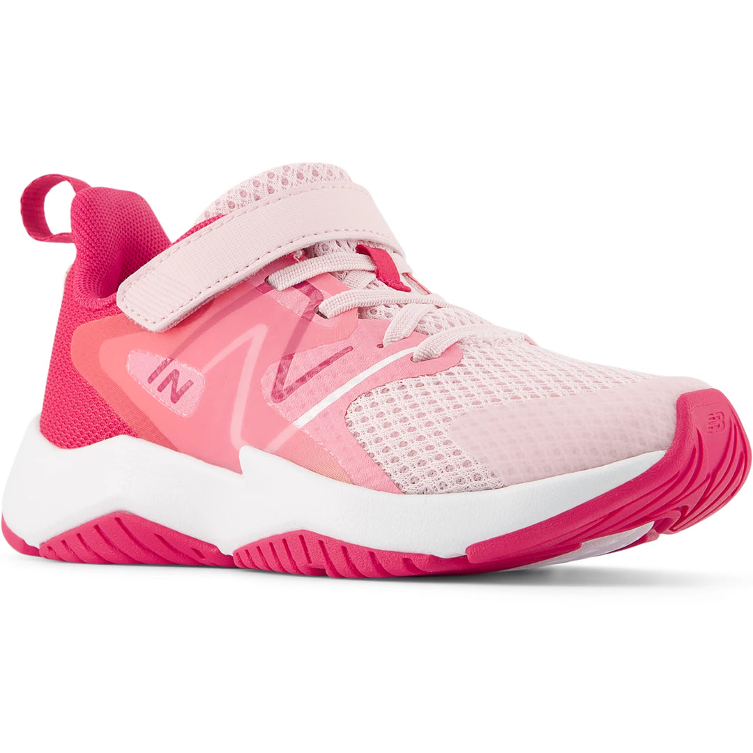 Front angle of New Balance Kids' Rave Run v2 running shoe in Rose Sugar/Carnival Pink/Signal Pink