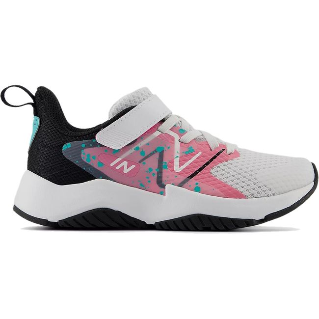 Side of New Balance Kids' Rave Run V2 Running Shoe in White, Real Pink & Black with velcro strap