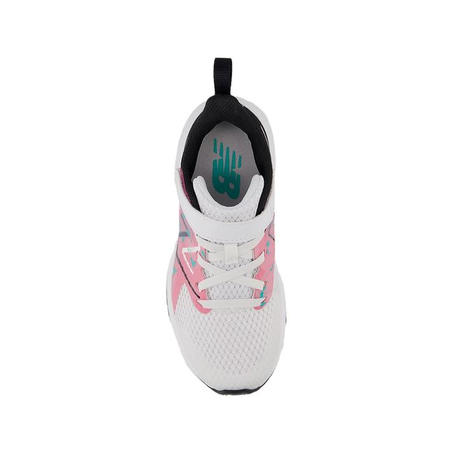 Upper of New Balance Kids' Rave Run V2 Running Shoe in White, Real Pink &amp; Black with velcro strap