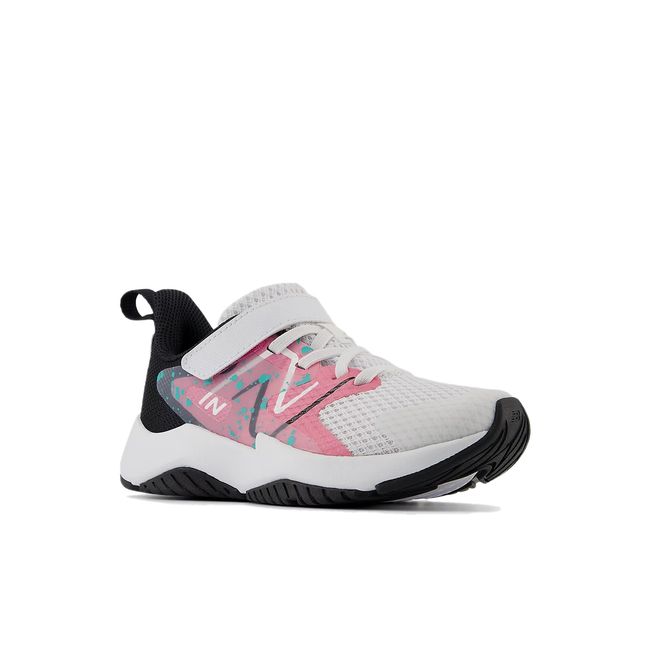 Front of New Balance Kids' Rave Run V2 Running Shoe in White, Real Pink &amp; Black with velcro strap