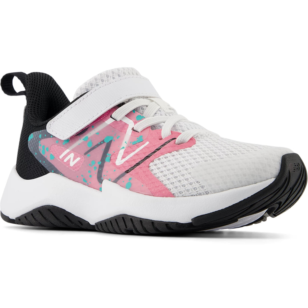 Front angle of New Balance Kids' Rave Run v2 running shoe in White/Real Pink/Black