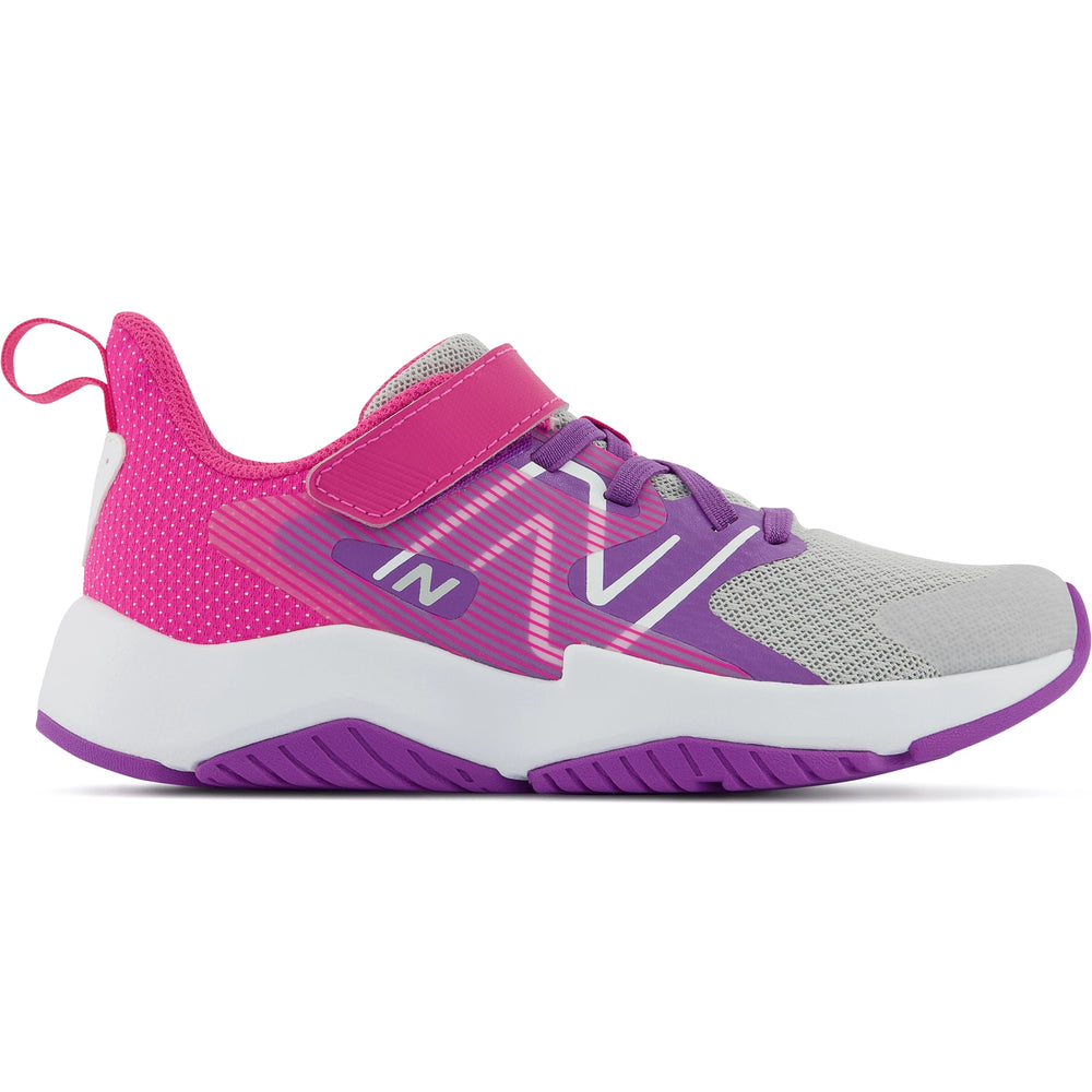 Side of New Balance Kids' Rave Run v2 running shoe in Grey/Purple