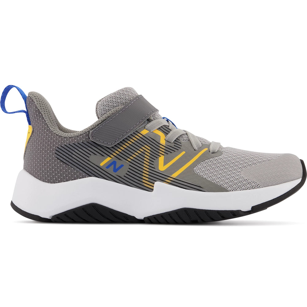 Side of New Balance Kids' Rave Run v2 running shoe in Gray