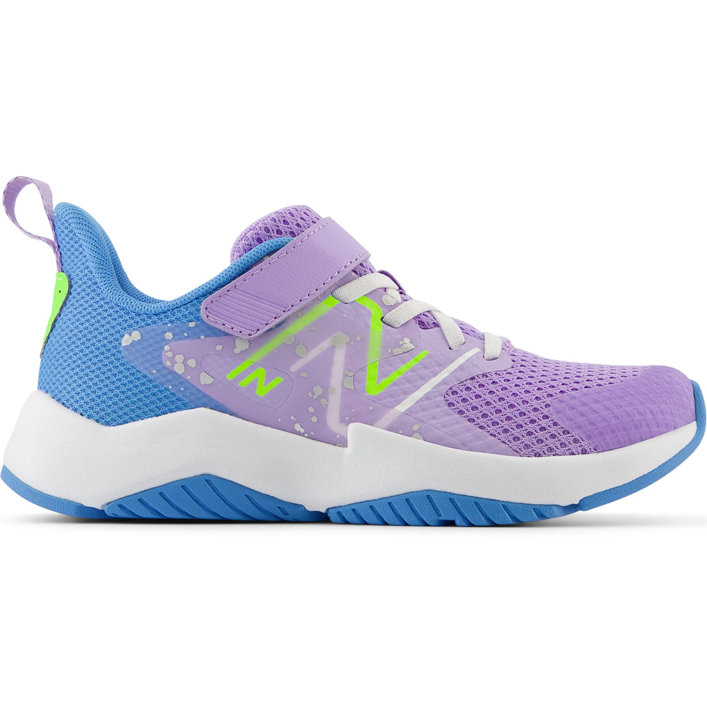 Side of New Balance Kids' Rave Run v2 running shoe in Lilac Glo/Sky Blue/Pixel Green