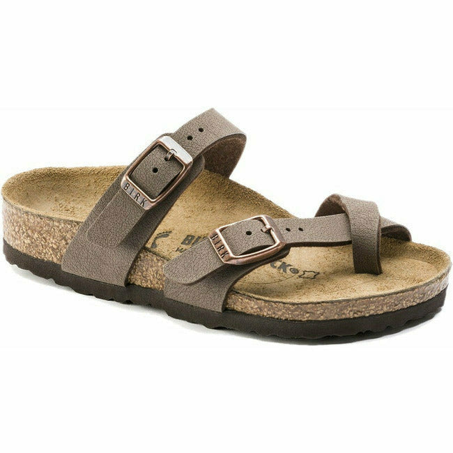 Mocha Brown Birkenstock Kids' Mayari sandal with two straps and a toe post.

