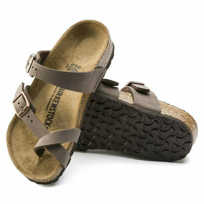 Pair of Mocha Brown Birkenstock Kids&#39; Mayari sandals. One showing the sole, the other the upper.