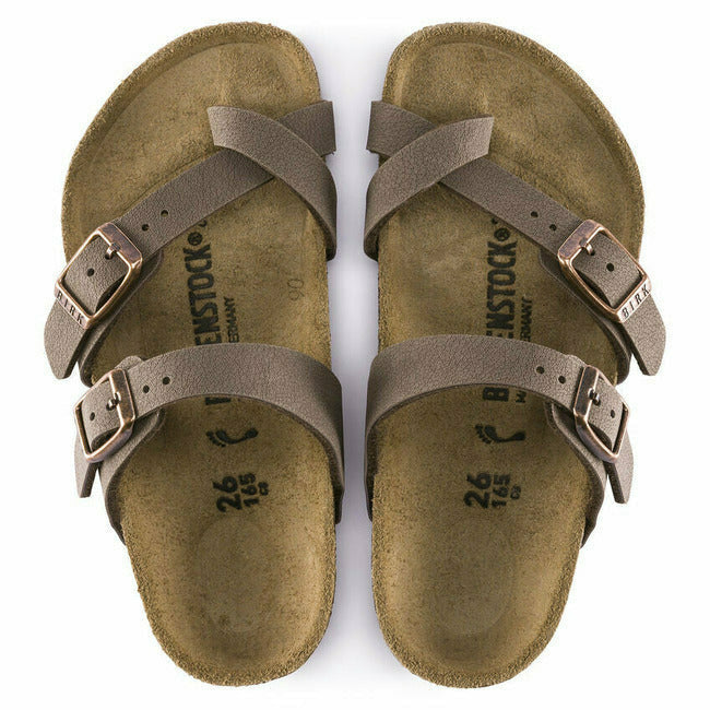 Tow-down view of Mocha Brown Birkenstock Kids&#39; Mayari sandals with two straps and a toe post.