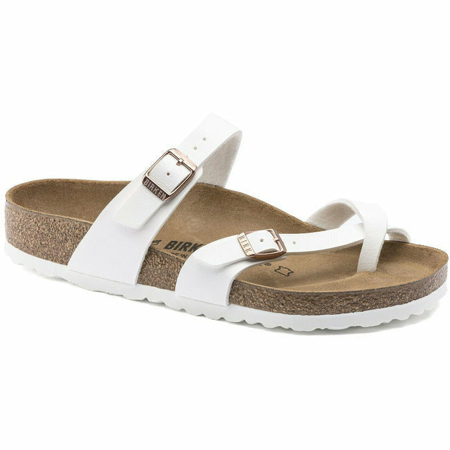 Angled side view of a white leather Birkenstock Mayari sandal with copper adjustable buckle.