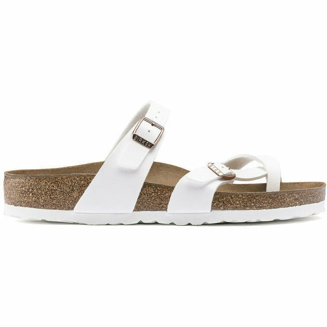 Side view of a white leather Birkenstock Mayari sandal with copper adjustable buckle.