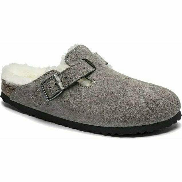 Front angled view of Birkenstock Unisex Boston Shearling Clog in stone coin grey suede