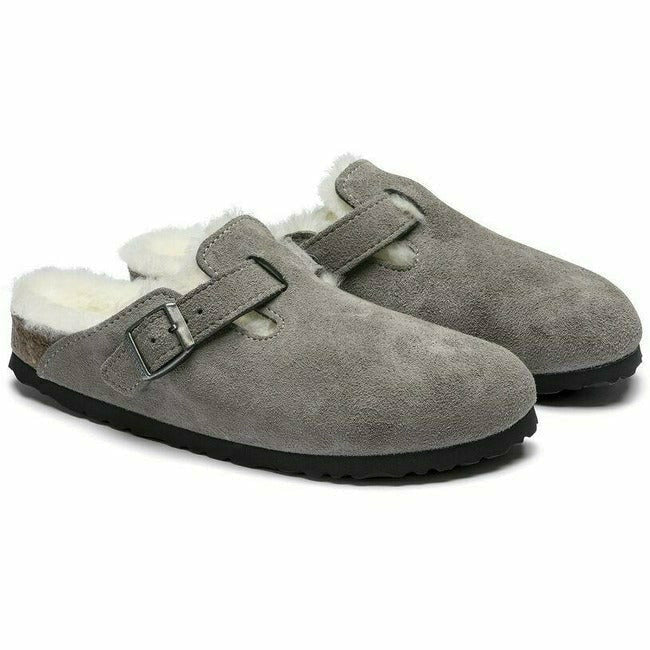 Pair of Birkenstock Unisex Boston Shearling Clogs in stone coin grey suede