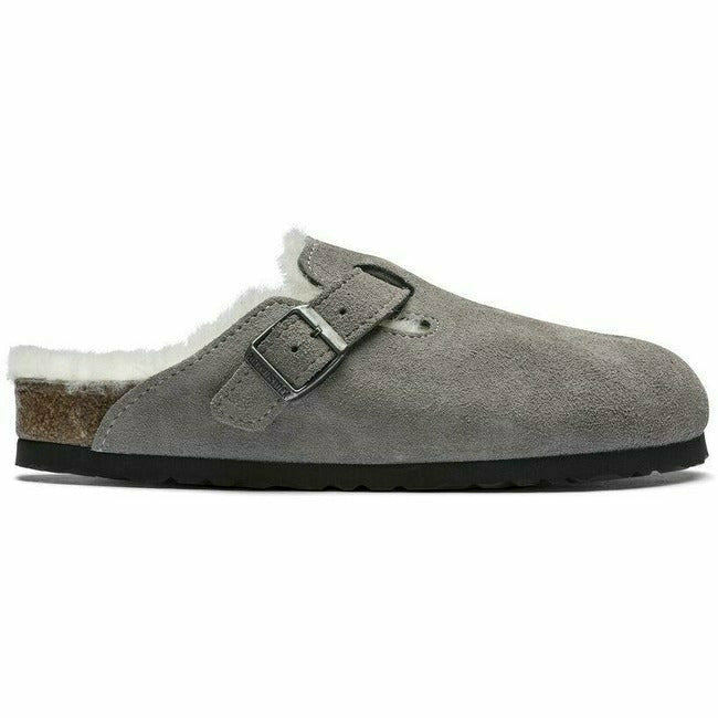 Lateral side of Birkenstock Unisex Boston Shearling Clog in stone coin grey suede