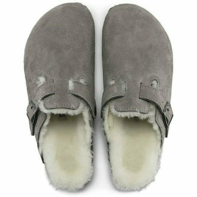 Top down view of Birkenstock Unisex Boston Shearling Clogs in stone coin grey suede