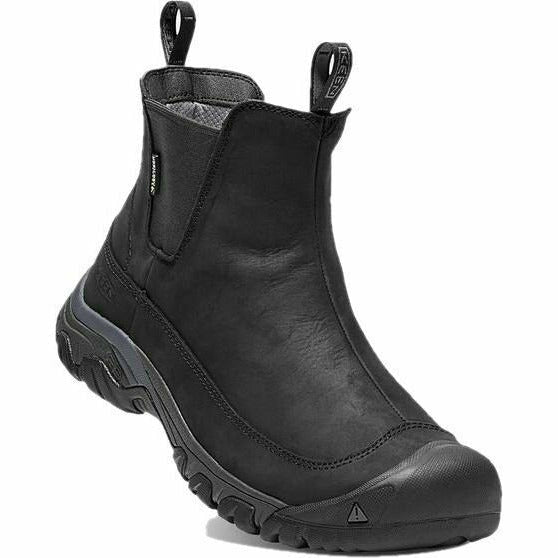 Angled front view of Men&#39;s Keen Anchorage III Waterproof Boot in black leather with slip on entry