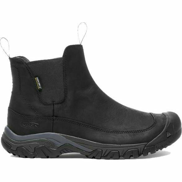 Lateral side of Men's Keen Anchorage III Waterproof Boot in black leather with slip on entry