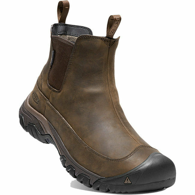 Angled front view of Men's Keen Anchorage III Waterproof Boot in brown leather with slip on entry
