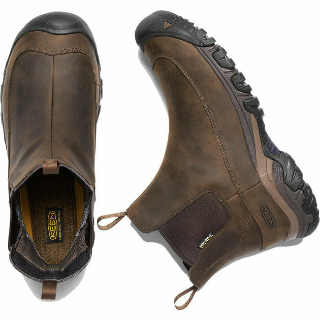 Pair of Men&#39;s Keen Anchorage III Boots in brown leather. One shows top down view, the other the side