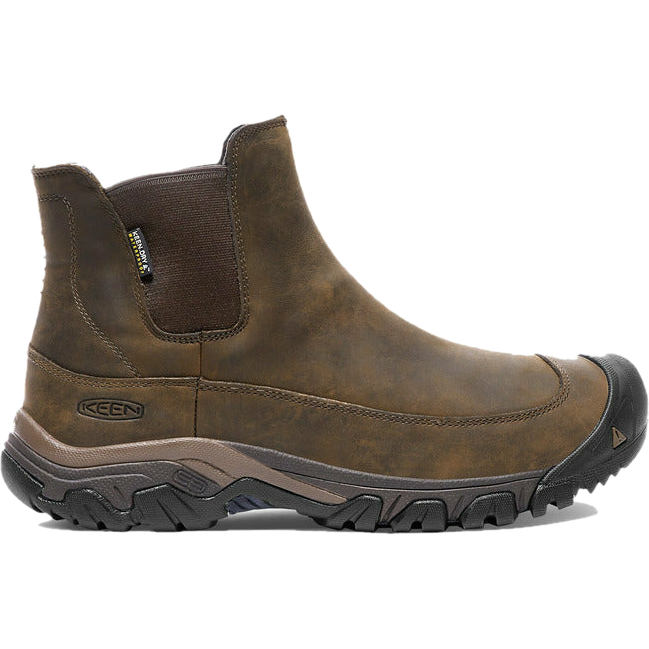 Lateral side of Men&#39;s Keen Anchorage III Waterproof Boot in brown leather with slip on entry