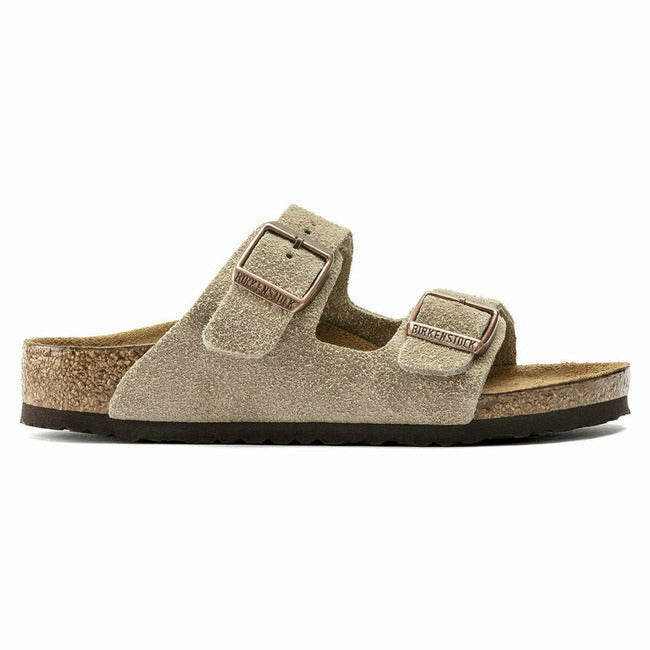 Side view of taupe suede Birkenstock Kids&