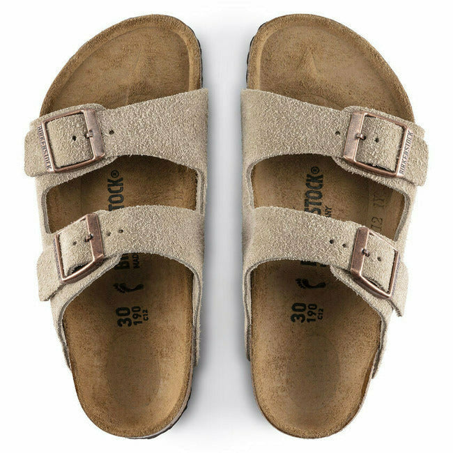 Top-down view of taupe suede Birkenstock Kids&