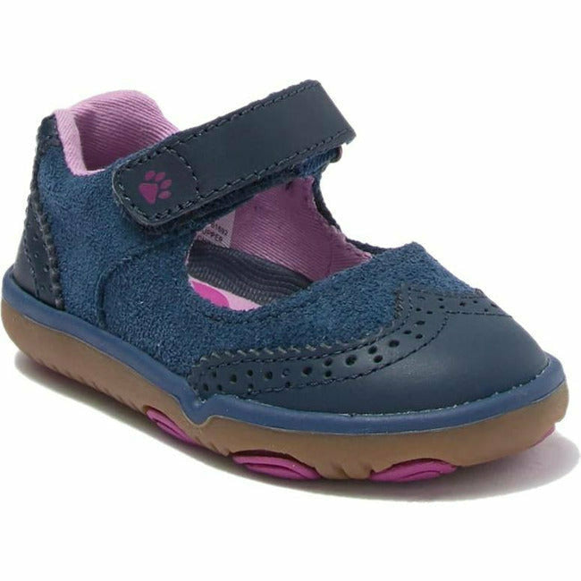 Front angled view of Hush Puppies Mary Jane Kids' H-Bella Shoe in Navy with pink accents