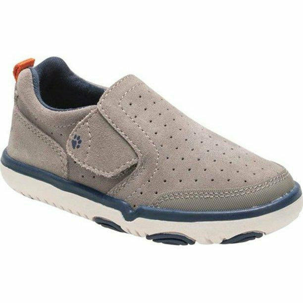 Front angled view of Kids Hush Puppies Marley Sneaker in grey suede with navy accents