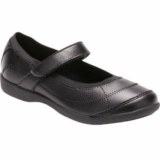 Front angled view of Toddler Hush Puppies Mary Jane Reese Shoe in black leather