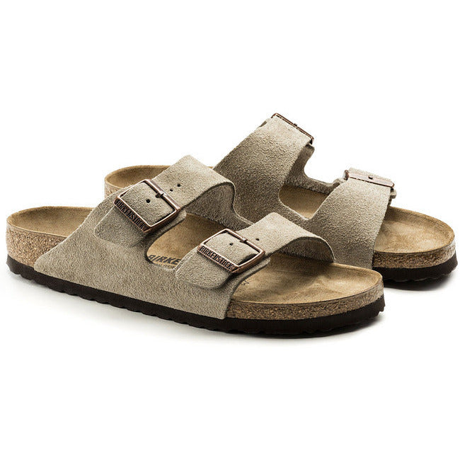 Pair of Birkenstock Arizona Taupe suede Sandals with two adjustable straps and cork footbeds