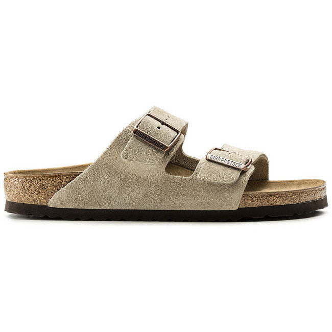 Side of Birkenstock Arizona Taupe suede Sandal with two adjustable straps and cork footbed