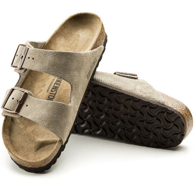 Pair of Birkenstock Arizona Taupe suede Sandal showing the upper and sole