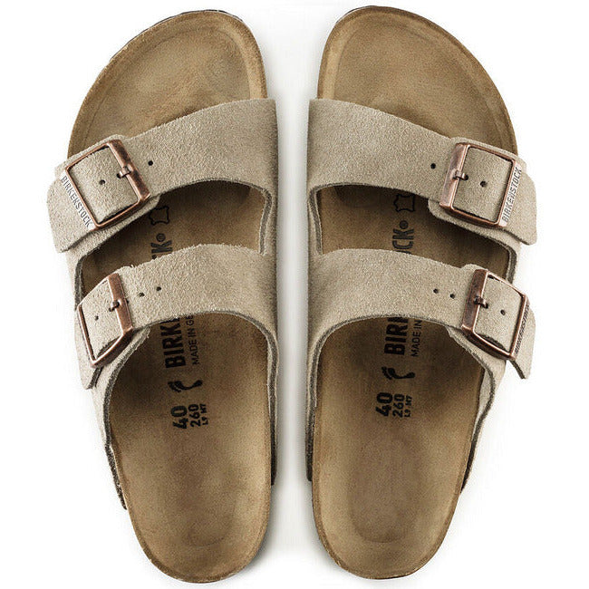 Top of Birkenstock Arizona Taupe suede Sandals with two adjustable straps and cork footbeds