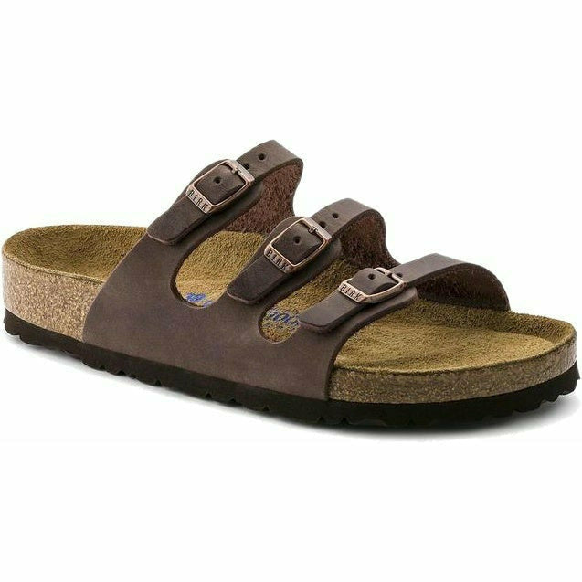 Habana brown Birkenstock Florida soft footbed sandal with three adjustabe straps and cork footbed