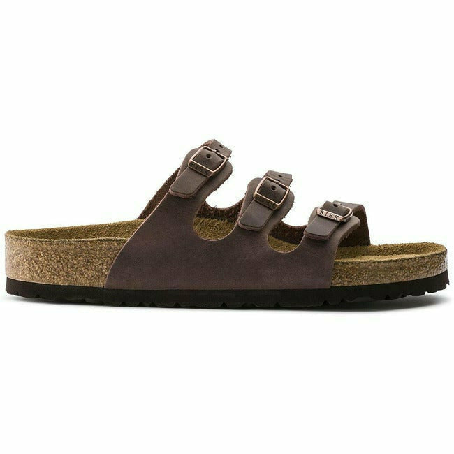 Side of brown Birkenstock Florida soft footbed sandal with three adjustabe straps and cork footbed