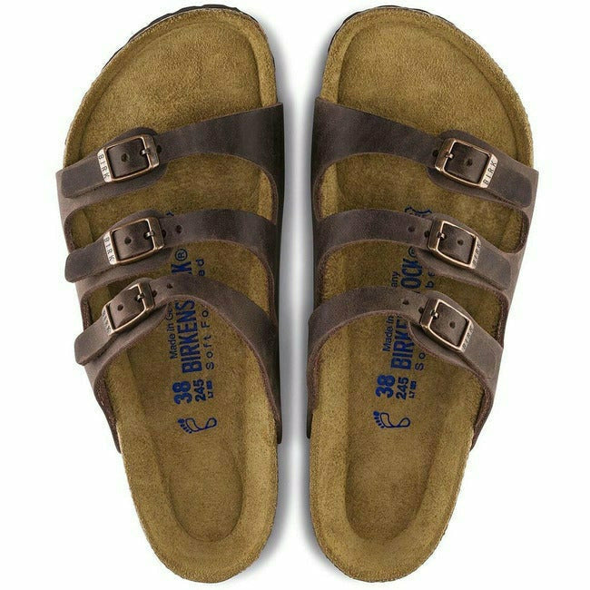 Top-down view of brown Birkenstock Florida soft footbed sandals with three adjustabe straps