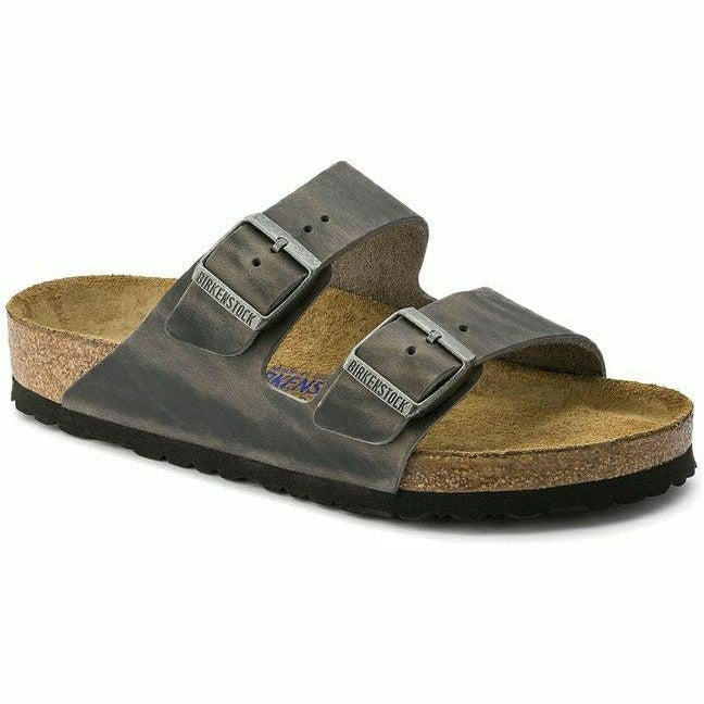 Grey Birkenstock Arizona Oiled Leather Soft Footbed Sandal with two buckle straps and cork footbed