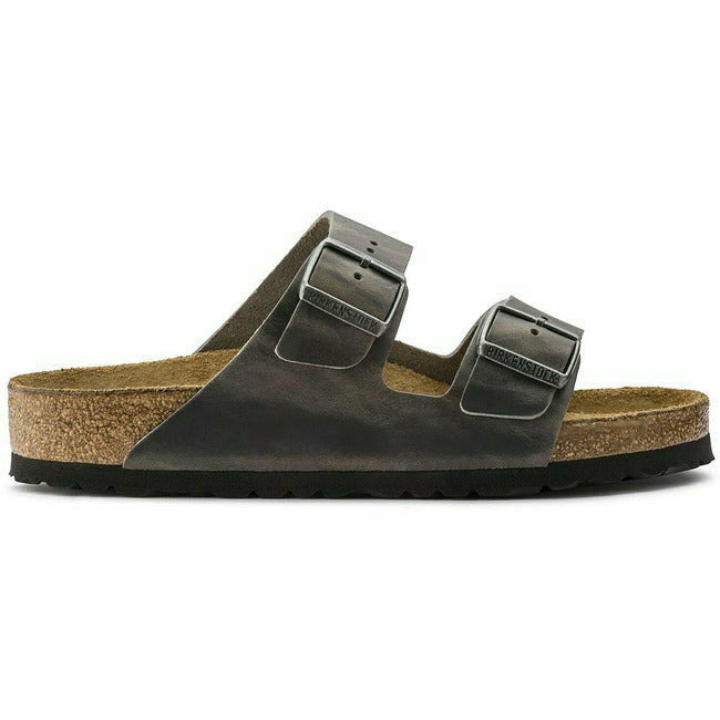 Side of Grey Birkenstock Arizona Oiled Leather Soft Footbed Sandal with two straps and cork footbed