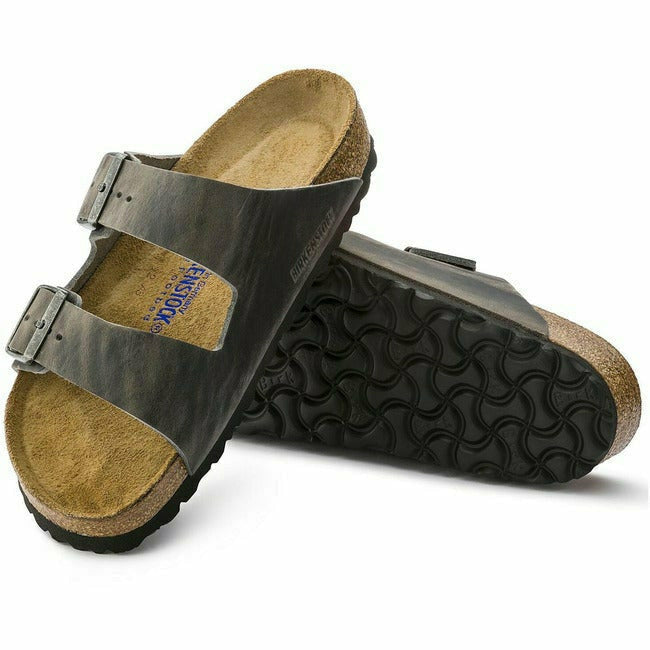 Pair view of Grey Birkenstock Arizona Oiled Leather Sandals showing the upper and sole