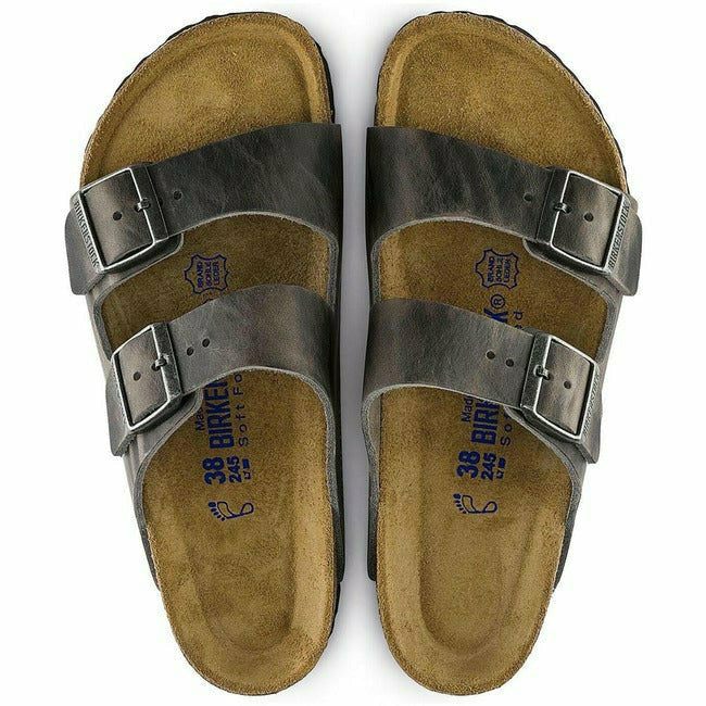 Top-down view of Grey Birkenstock Arizona Oiled Leather Sandals with two straps and cork insole