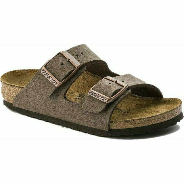Mocha suede Birkenstock Kids&#39; Arizona sandal with two adjustable straps and cork footbeds.