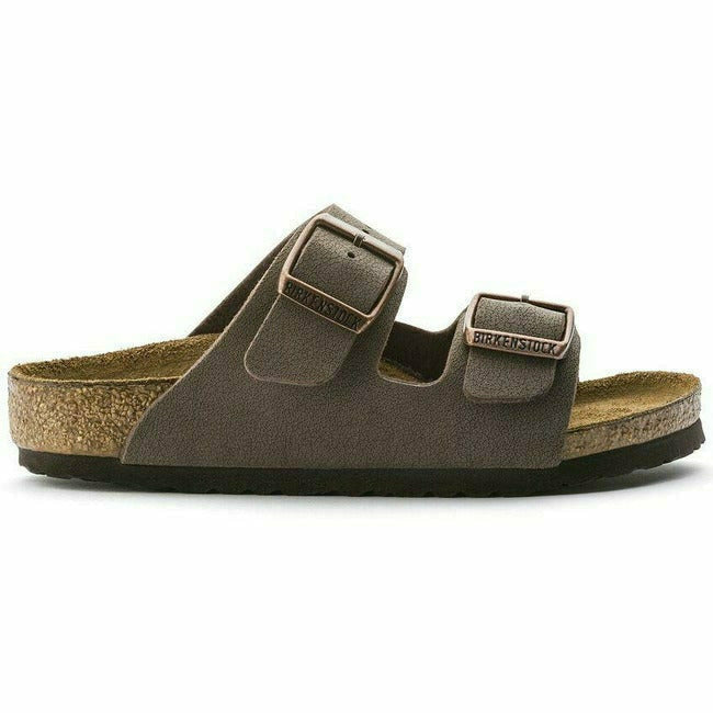 Side view of a Mocha suede Birkenstock Kids' Arizona sandal with two adjustable straps.