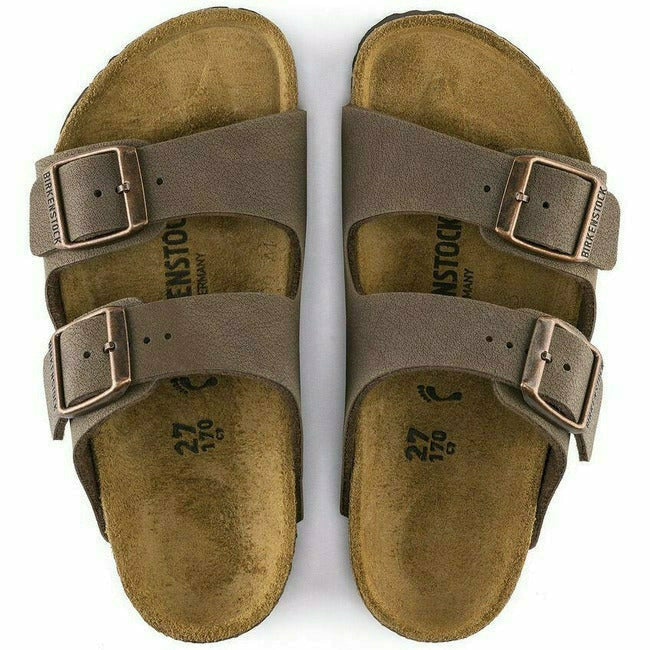 Top-down view of Mocha suede Birkenstock Kids&#39; Arizona sandals with two straps and cork footbeds.