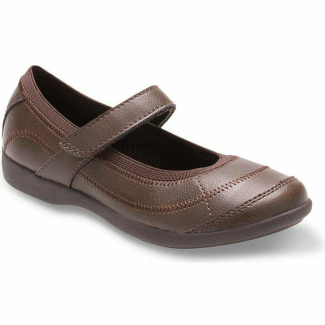 Front angled view of Kids Hush Puppies Mary Jane Reese Shoe in brown leather