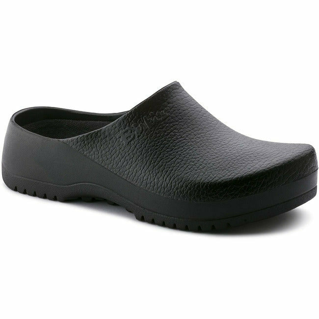 Slightly angled view of the Black Birkenstock Professional Super Birki clog for healthcare and utility, featuring a water-resistant and dirt-repellent polyurethane exterior and 'Birki's' branding on the lateral side of the instep.