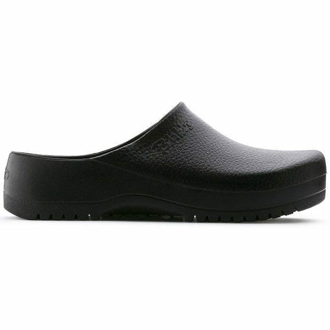 Side view of the Slightly angled view of the Black Birkenstock Professional Super Birki clog for healthcare and utility, featuring a water-resistant and dirt-repellent polyurethane exterior and &